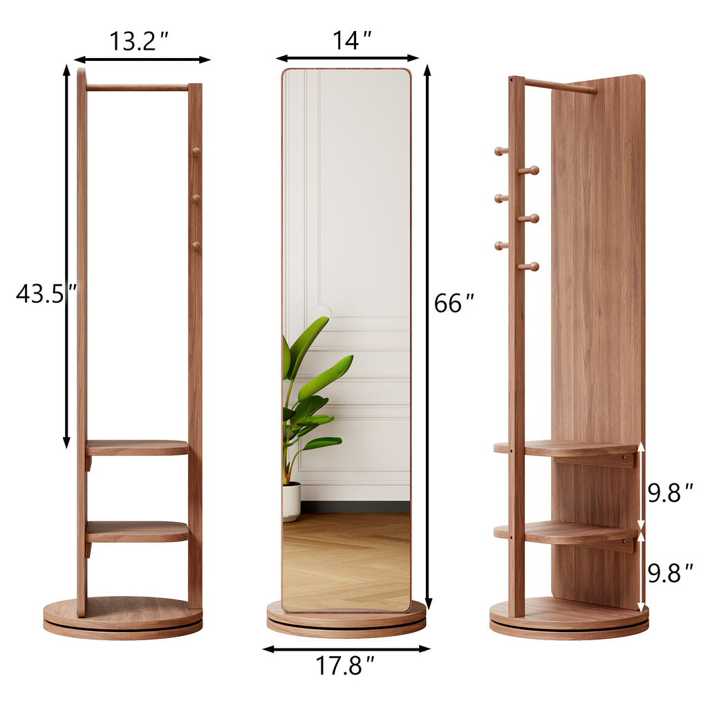 Walnut Anthony & Home 360-degree rotating full-length mirror with sleek wooden frame, ideal for modern dressing rooms and bedrooms.