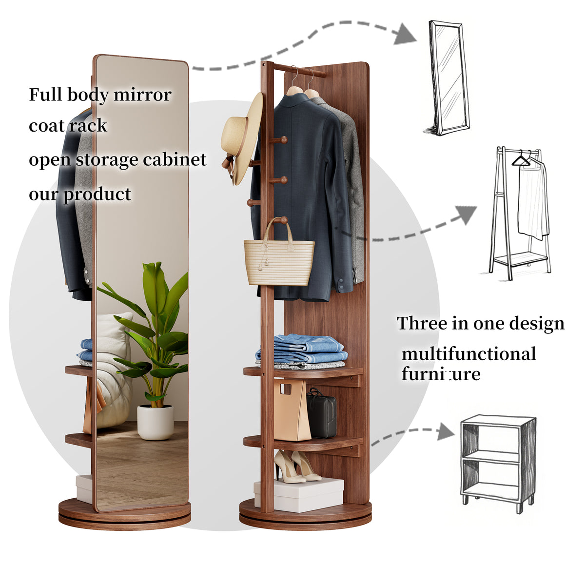 Walnut 360-degree rotating full-length mirror by Anthony & Home showing a polished wooden frame and full reflection view.