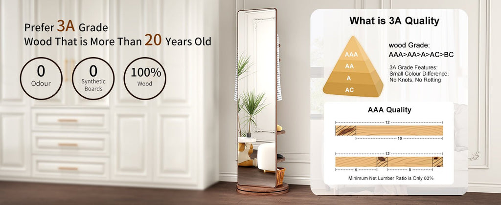 Walnut 360-degree rotating full-length mirror by Anthony & Home, with a sleek wooden frame and standing base in a modern atelier setting.