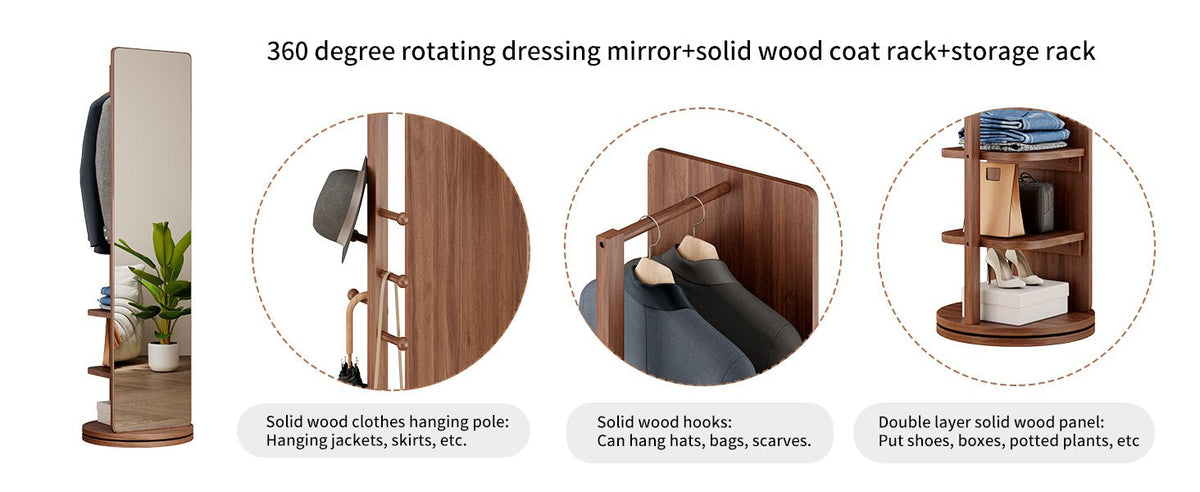 Walnut Anthony & Home 360-degree rotating full-length mirror with a sleek wooden frame and versatile stand.