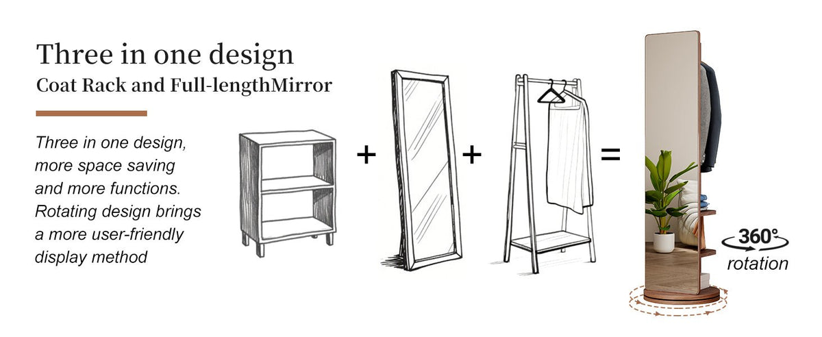 Walnut 360-degree rotating full-length mirror by Anthony & Home with a sleek wooden frame and adjustable stand.