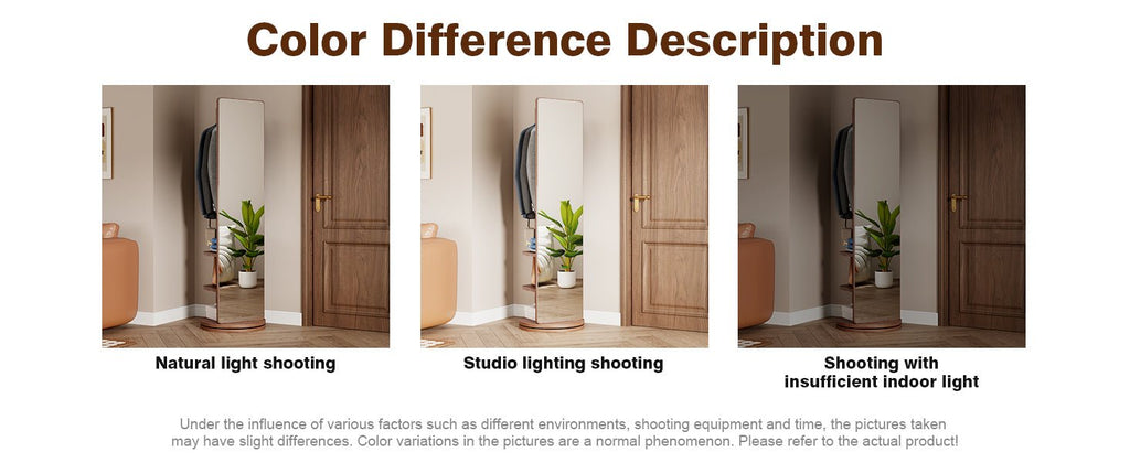 Walnut 360-degree rotating full-length mirror by Anthony & Home showing a sleek, modern design with a wooden finish and expansive reflective surface.
