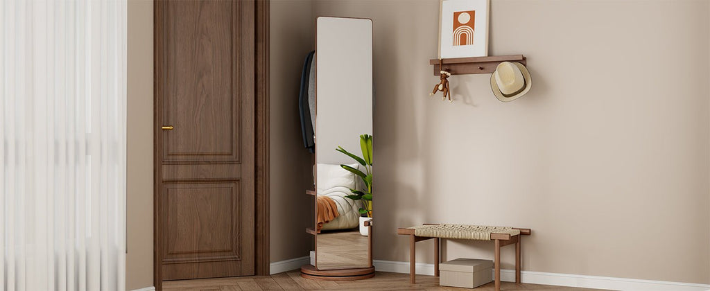Walnut 360-degree rotating full-length mirror by Anthony & Home showing a sleek, modern design with a sturdy base and adjustable angle.