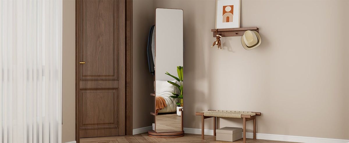 Walnut 360-degree rotating full-length mirror by Anthony & Home showing a sleek, modern design with a sturdy base and adjustable angle.