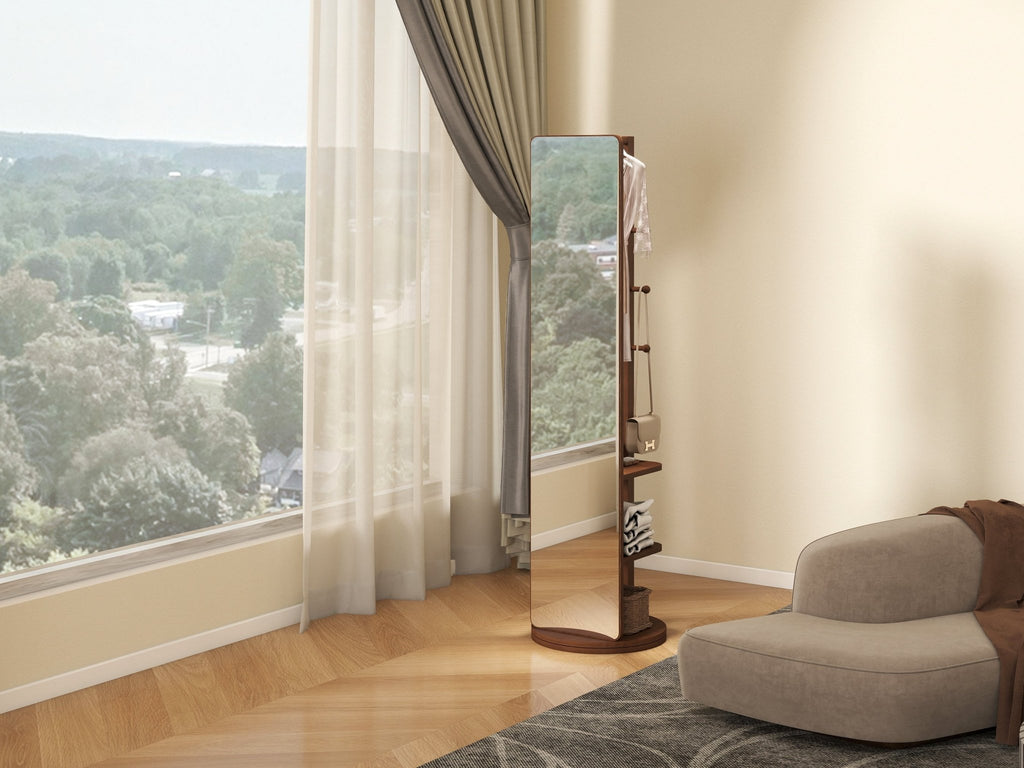 Walnut 360-degree rotating full-length mirror by Anthony & Home, showcasing its sleek wooden frame and full-length view.