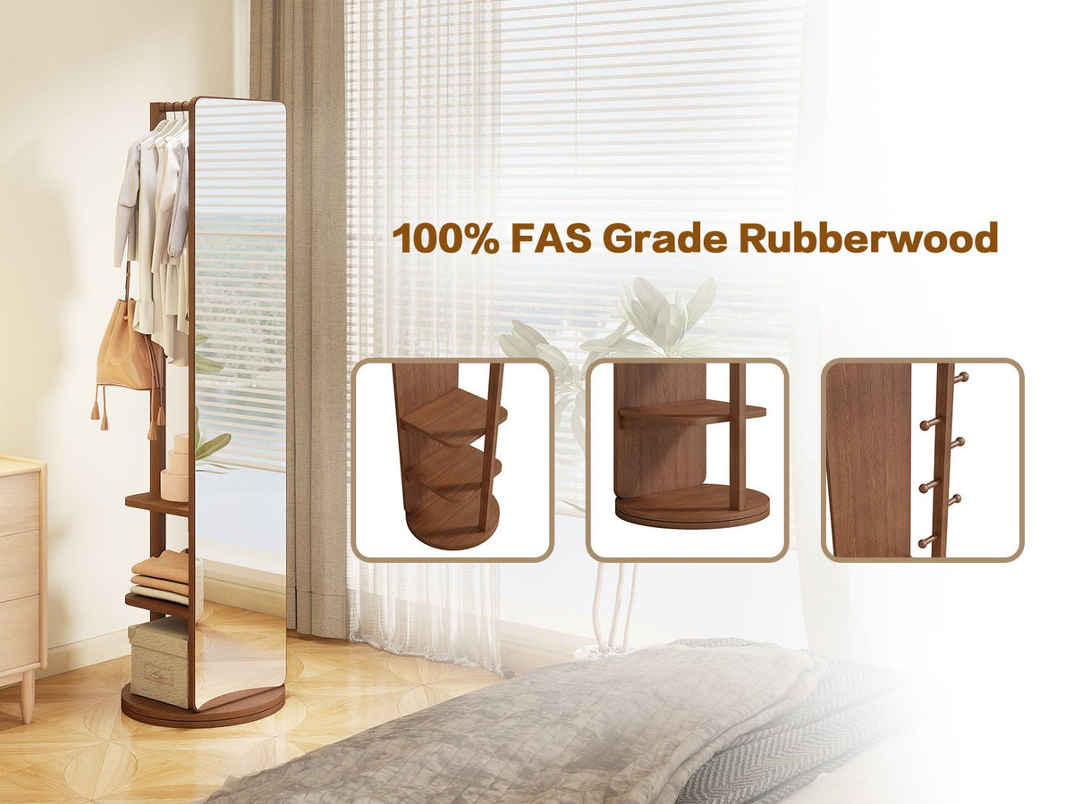 Walnut 360-degree rotating full-length mirror by Anthony & Home showing a sleek, modern wooden frame and reflective glass surface.