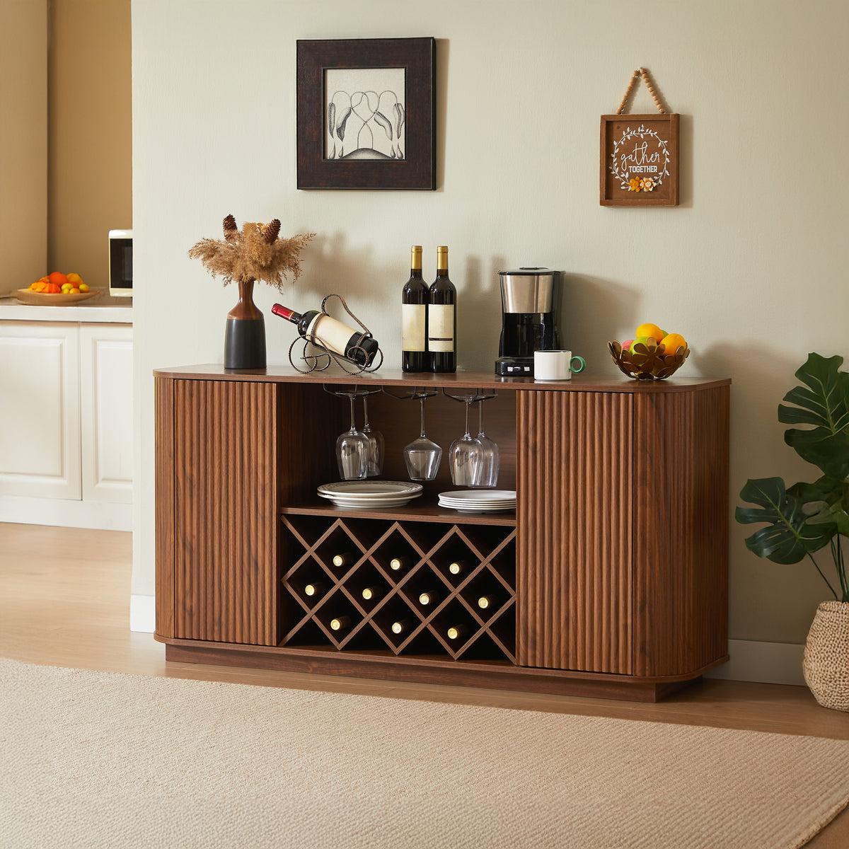 Walnut 58-inch modern wavy curve sideboard by Anthony & Home, featuring sleek wooden design and stylish curved edges.