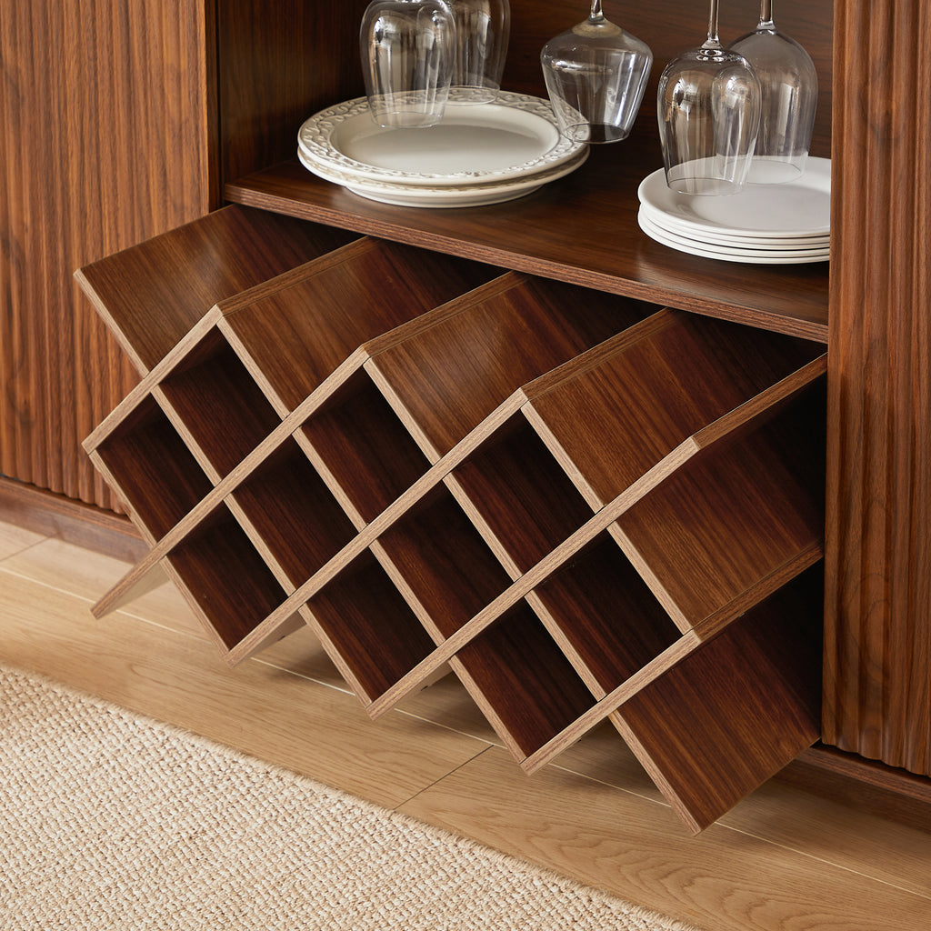 Walnut 58-inch modern wavy curve sideboard by Anthony & Home, featuring sleek design and natural wood finish in a contemporary living space.