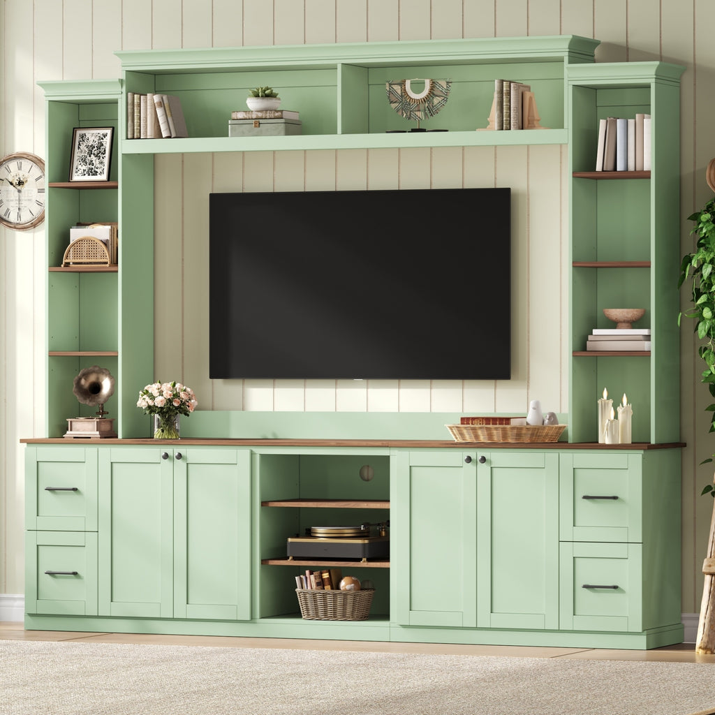 Walnut-accented mint green Anthony & Home entertainment console with sleek design and storage compartments.