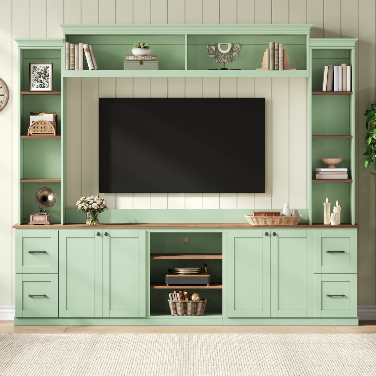 Walnut-accented mint green Anthony & Home entertainment console with storage drawers and modern design.