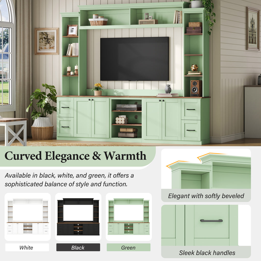 Walnut-accented mint green Anthony & Home entertainment console with storage compartments and sleek modern design.