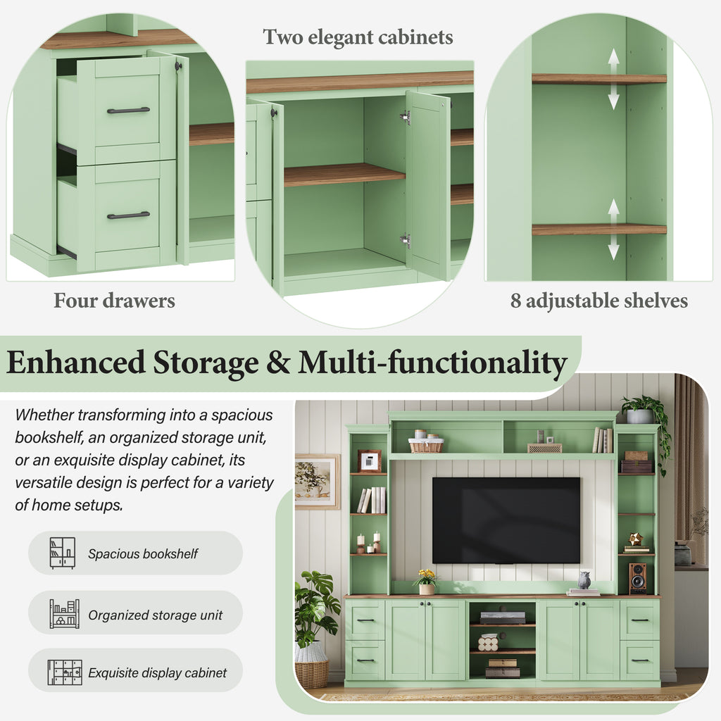Walnut-accented mint green Anthony & Home entertainment console with storage compartments and modern design.