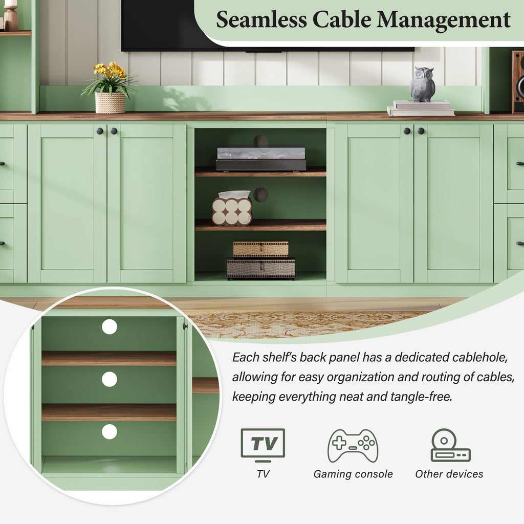 Walnut-accented mint green Anthony & Home entertainment console with storage drawers and modern design.