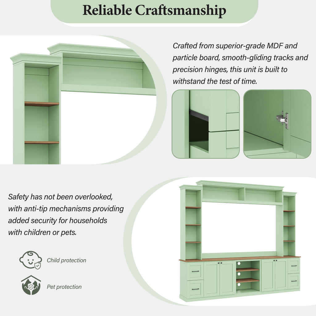 Walnut-accented mint green Anthony & Home entertainment console with sleek modern design and spacious storage drawers.