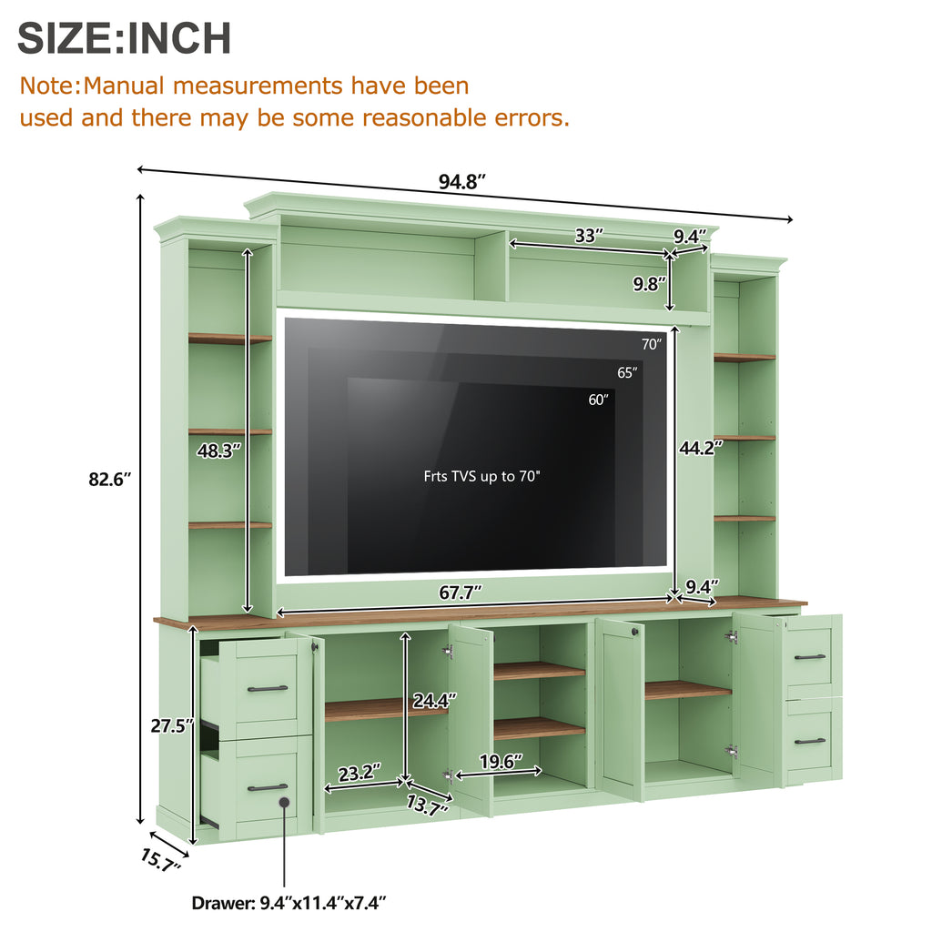 Walnut-accented mint green Anthony & Home entertainment console with sleek modern design and storage compartments.