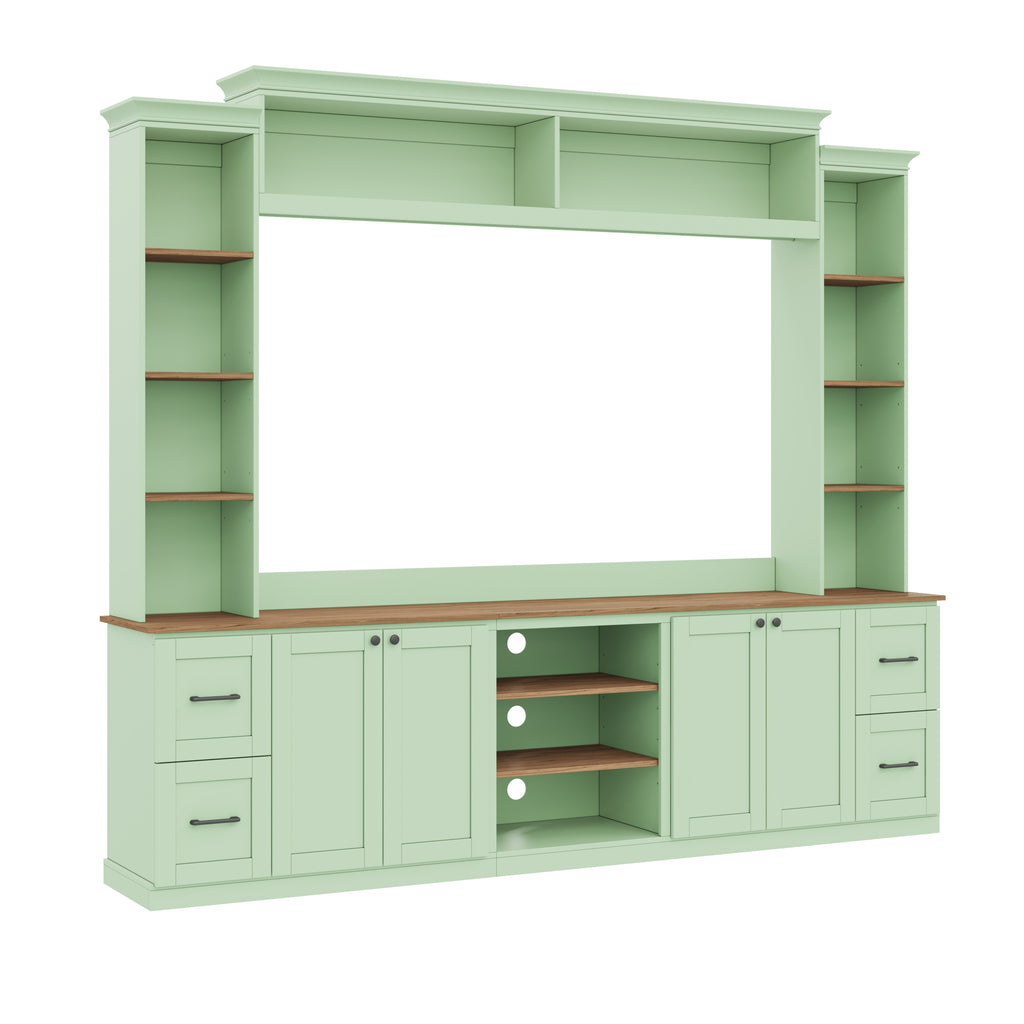 Walnut-accented mint green Anthony & Home entertainment console with sleek design and storage compartments.