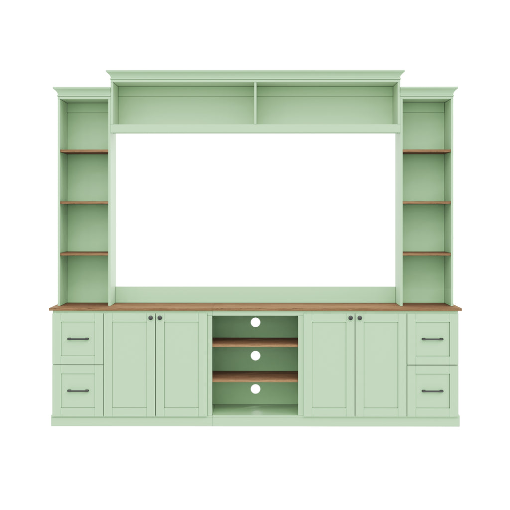 Walnut-accented mint green entertainment console by Anthony & Home with sleek design and storage compartments.