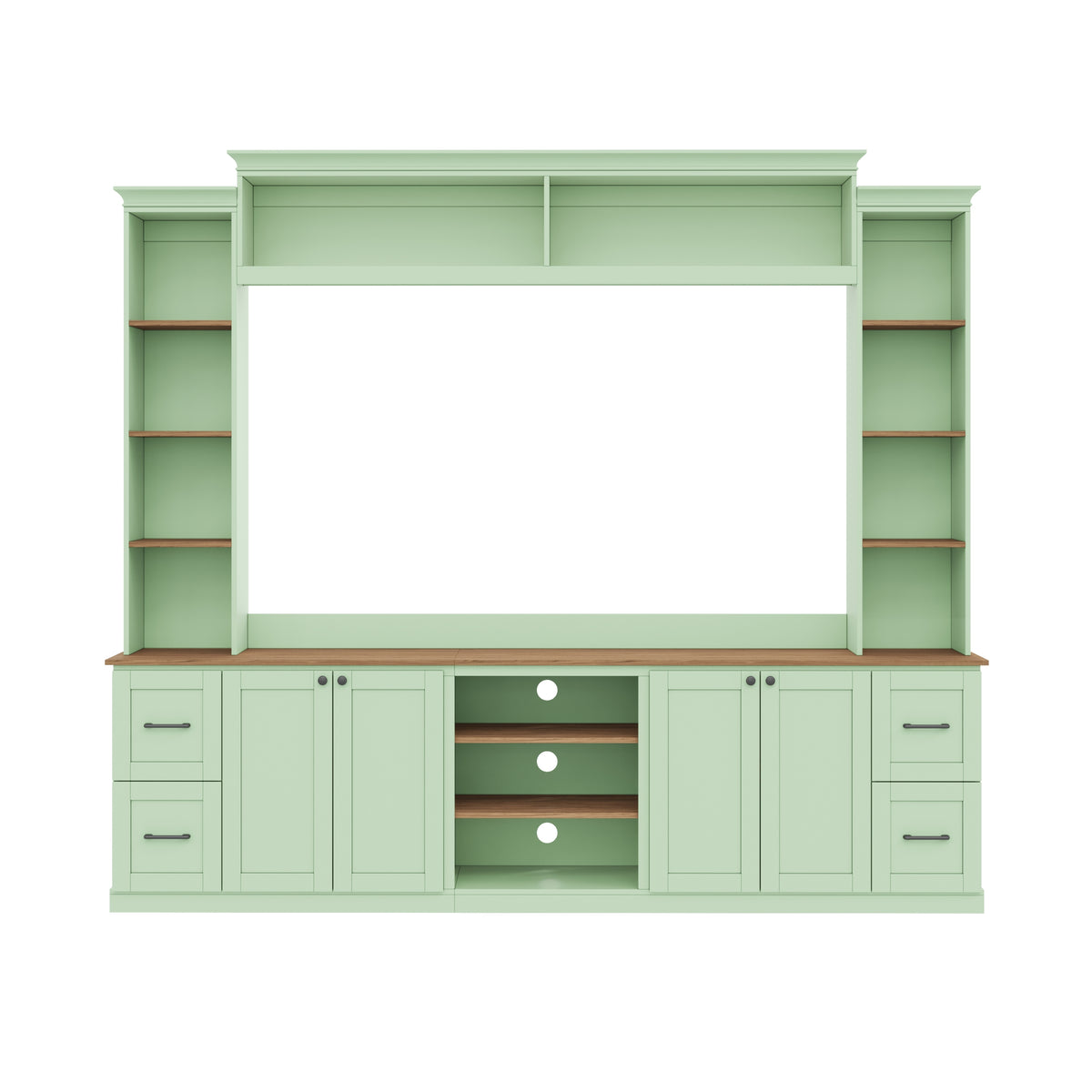 Walnut-accented mint green entertainment console by Anthony & Home with sleek design and storage compartments.