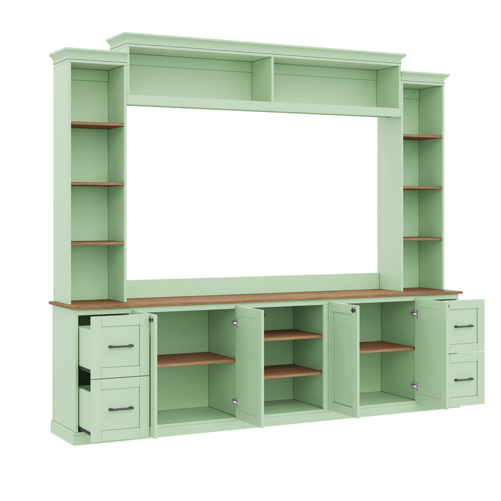 Walnut-accented mint green Anthony & Home entertainment console with storage drawers and modern design.