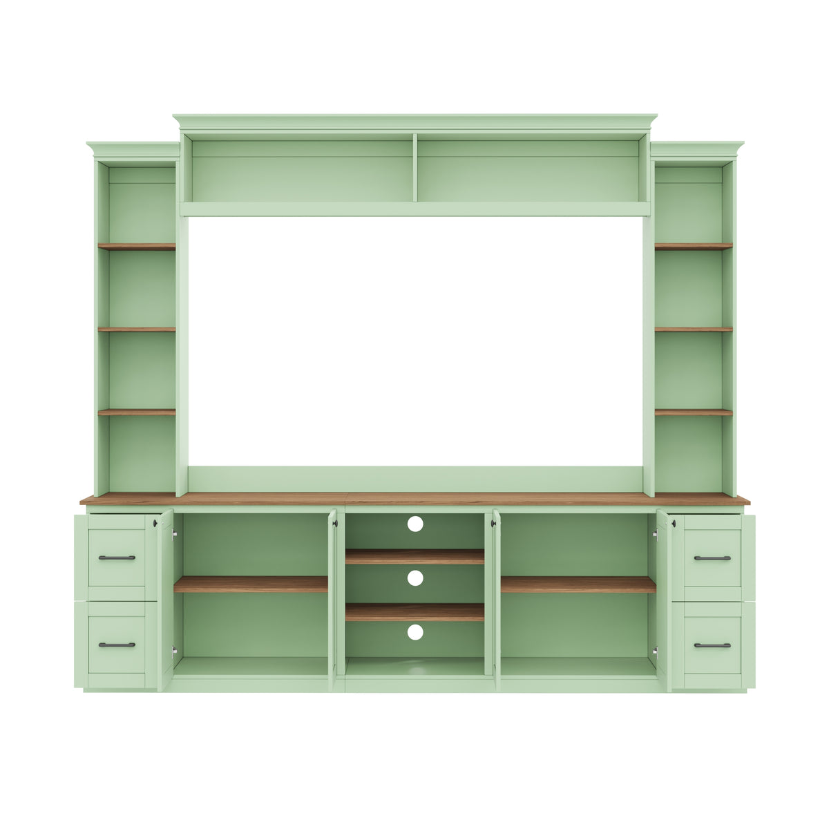 Walnut-accented mint green entertainment console by Anthony & Home with sleek modern design and ample storage space.