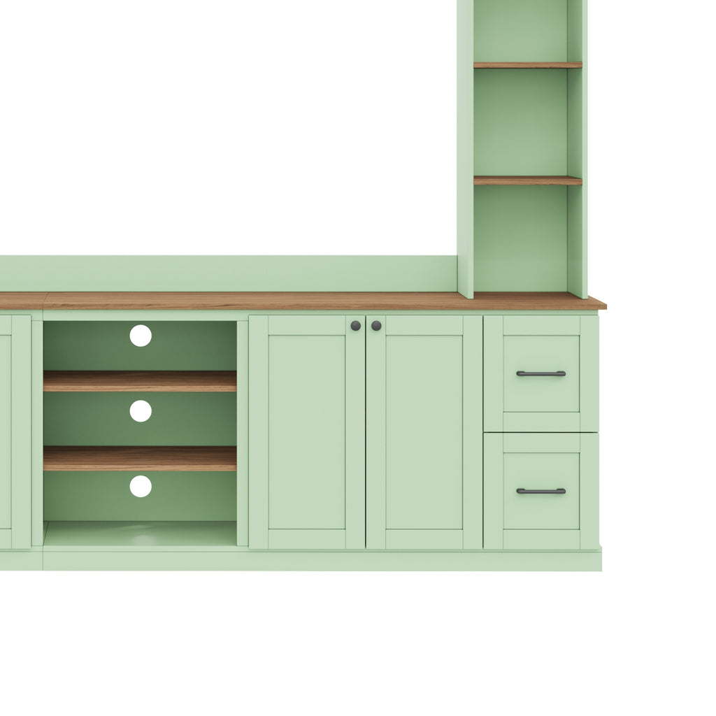 Walnut-accented mint green Anthony & Home entertainment console with sleek design and storage compartments.