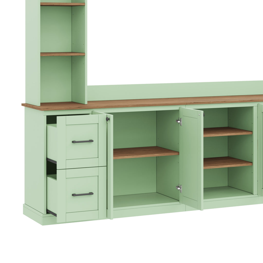 Walnut-accented mint green Anthony & Home entertainment console with open shelves and sleek design for modern living rooms.