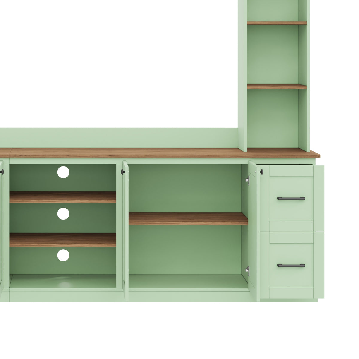 Walnut-accented mint green Anthony & Home entertainment console with storage compartments and modern design.