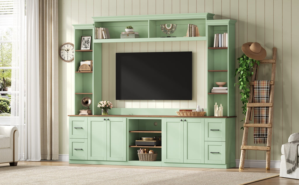 Walnut-accented mint green Anthony & Home entertainment console with sleek storage compartments and modern design.