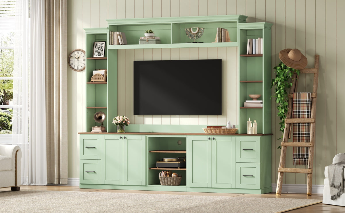 Walnut-accented mint green Anthony & Home entertainment console with sleek storage compartments and modern design.