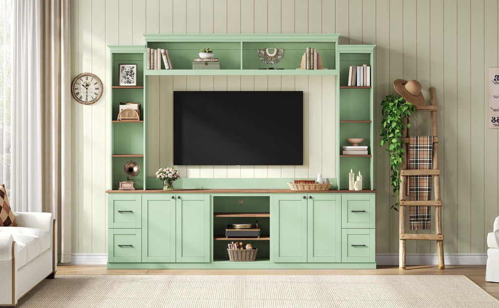 Walnut-accented mint green Anthony & Home entertainment console with sleek design and storage compartments.
