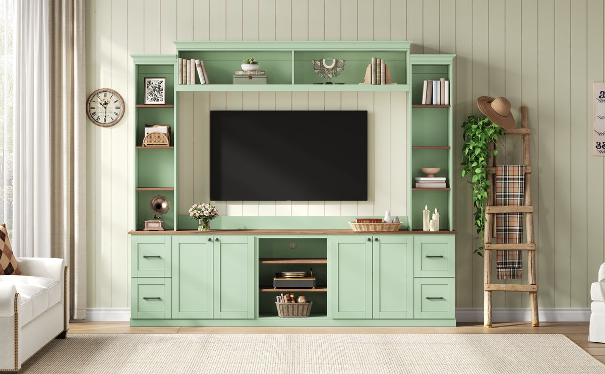 Walnut-accented mint green Anthony & Home entertainment console with sleek design and storage compartments.