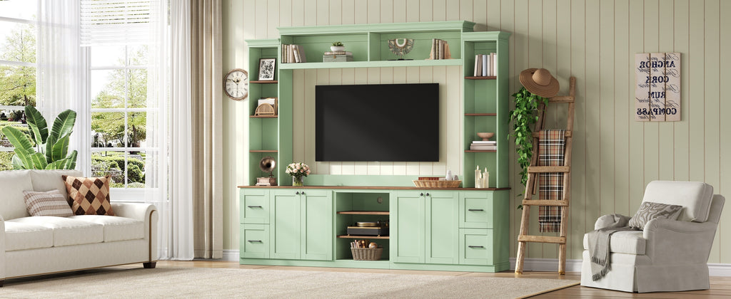 Walnut-accented mint green Anthony & Home entertainment console with sleek storage drawers and modern design.