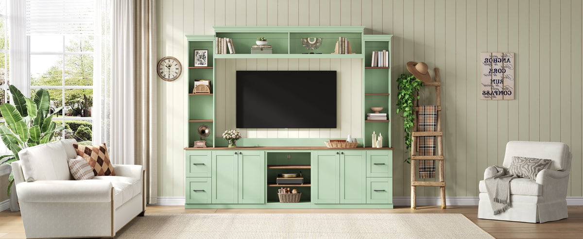 Walnut-accented mint green Anthony & Home entertainment console with sleek design and storage compartments.