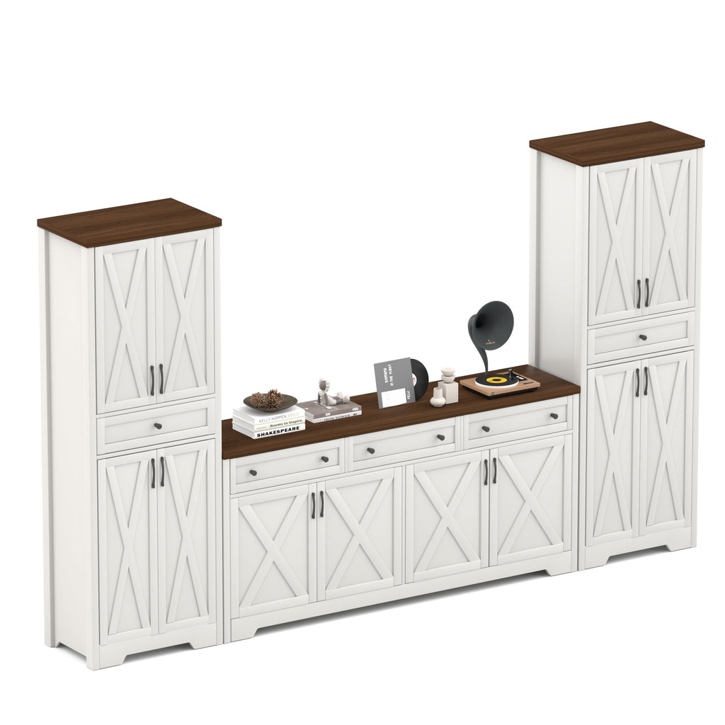 Walnut and white Anthony & Home television wall unit with side cabinets, modern living room storage and display space.