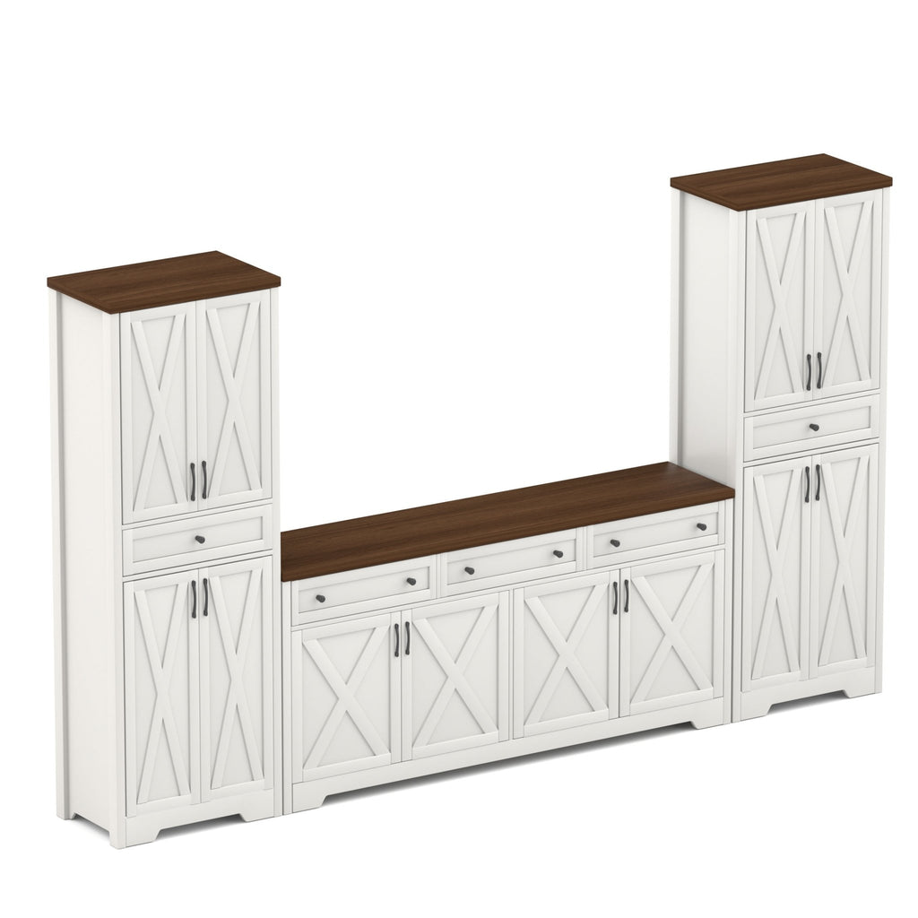 Walnut and white Anthony & Home television wall unit with side cabinets, modern living room storage and entertainment center.