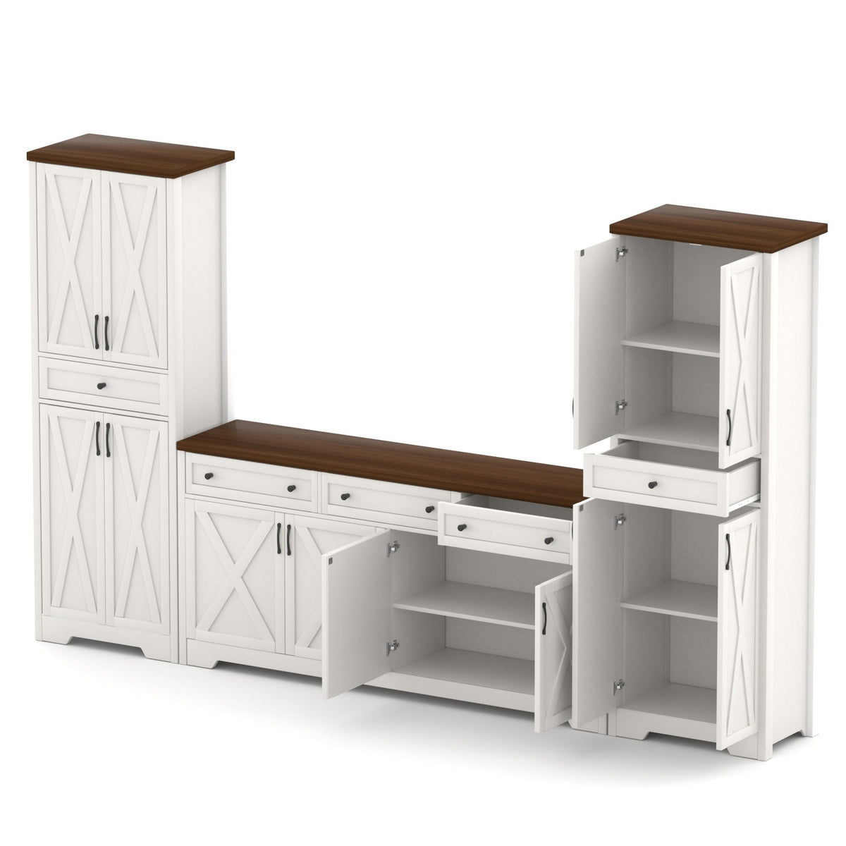 Walnut and white Anthony & Home TV wall unit set with side cabinets for living rooms, featuring sleek modern storage and design.