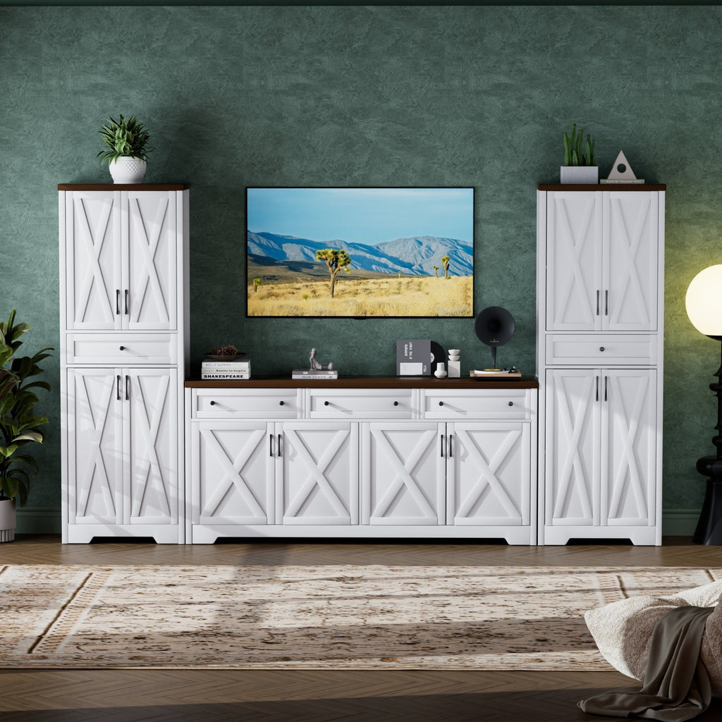 Walnut and white Anthony & Home TV wall unit set with side cabinets, modern living room storage furniture from the Atelier Collection.