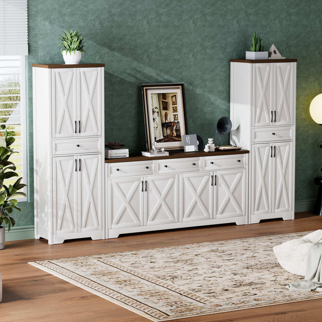 Walnut and white Anthony & Home television wall unit set with side cabinets for living room decor, featuring modern storage design.