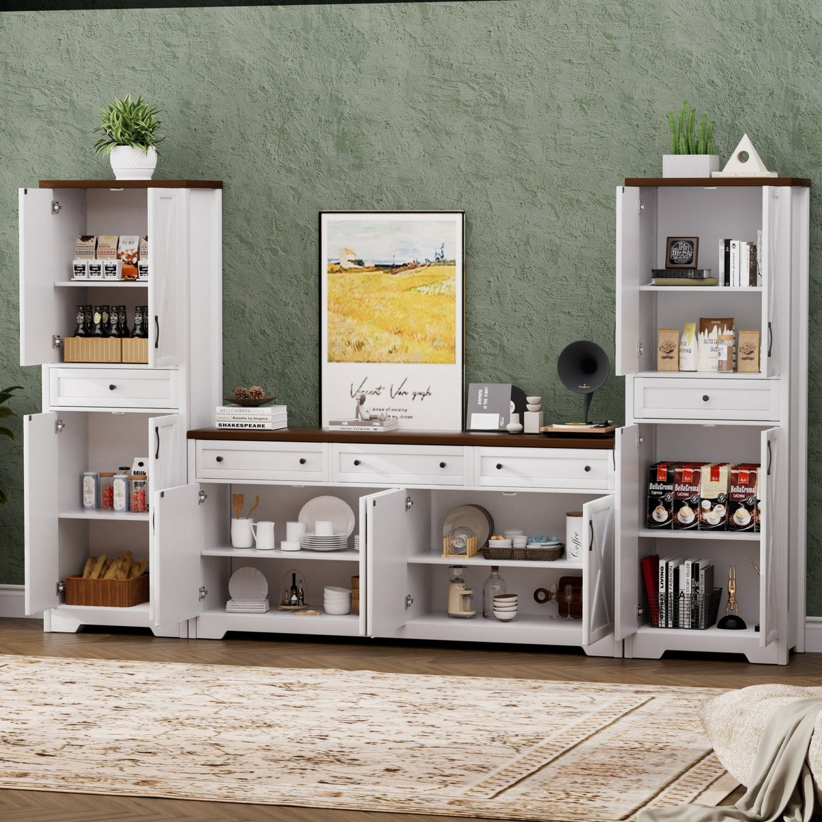 Walnut and white television wall unit set with side cabinets from Anthony & Home’s Atelier Collection, designed for modern living rooms.