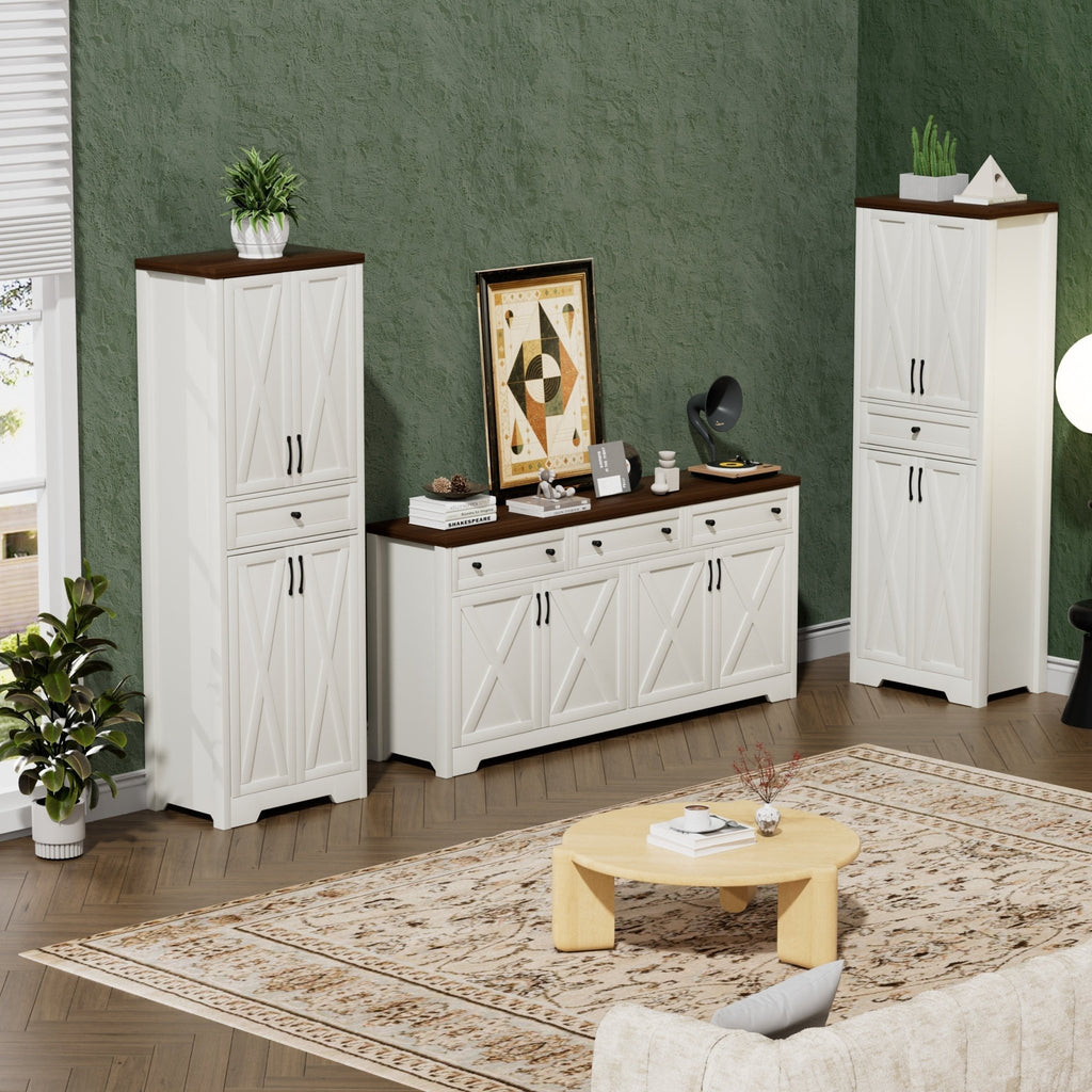Walnut and white Anthony & Home TV wall unit set with side cabinets from the Atelier Collection, ideal for modern living rooms.