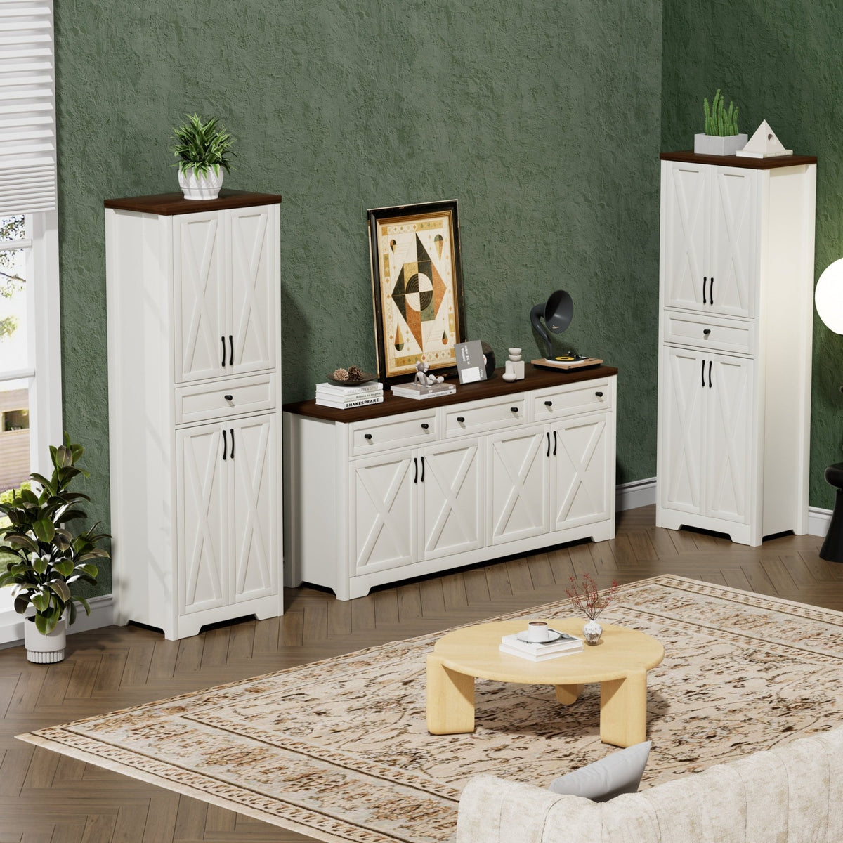 Walnut and white Anthony & Home TV wall unit set with side cabinets from the Atelier Collection, ideal for modern living rooms.