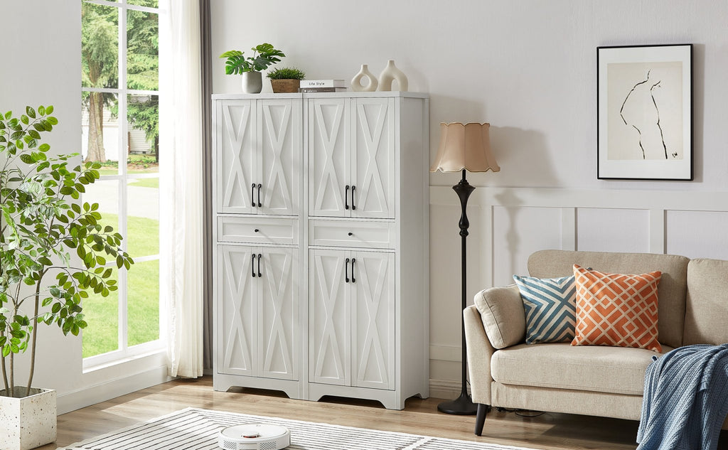 Walnut and white Anthony & Home TV wall unit set with side cabinets, modern living room furniture from the Atelier Collection.