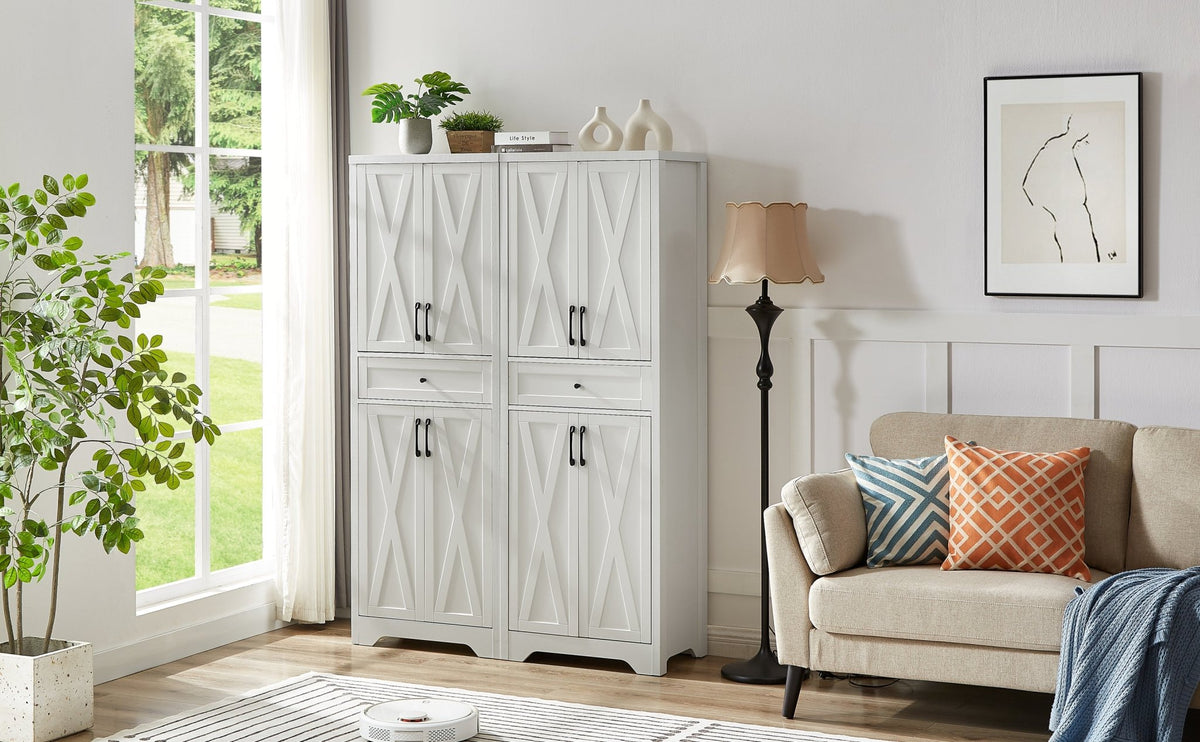 Walnut and white Anthony & Home TV wall unit set with side cabinets, modern living room furniture from the Atelier Collection.