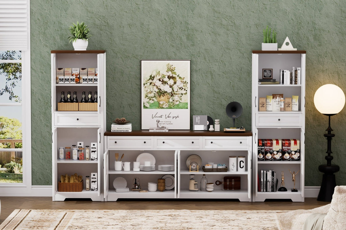 Walnut and white Anthony & Home TV wall unit with side cabinets from the Atelier Collection, ideal for modern living room decor.