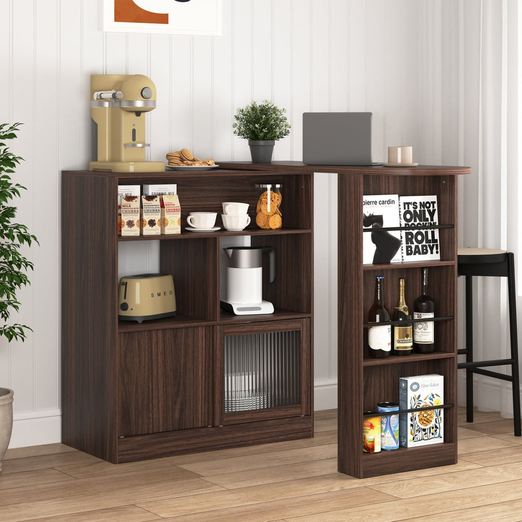 Walnut bar cabinet from Anthony & Home with rotating top, six storage compartments, and ribbed glass doors in the Atelier Collection.