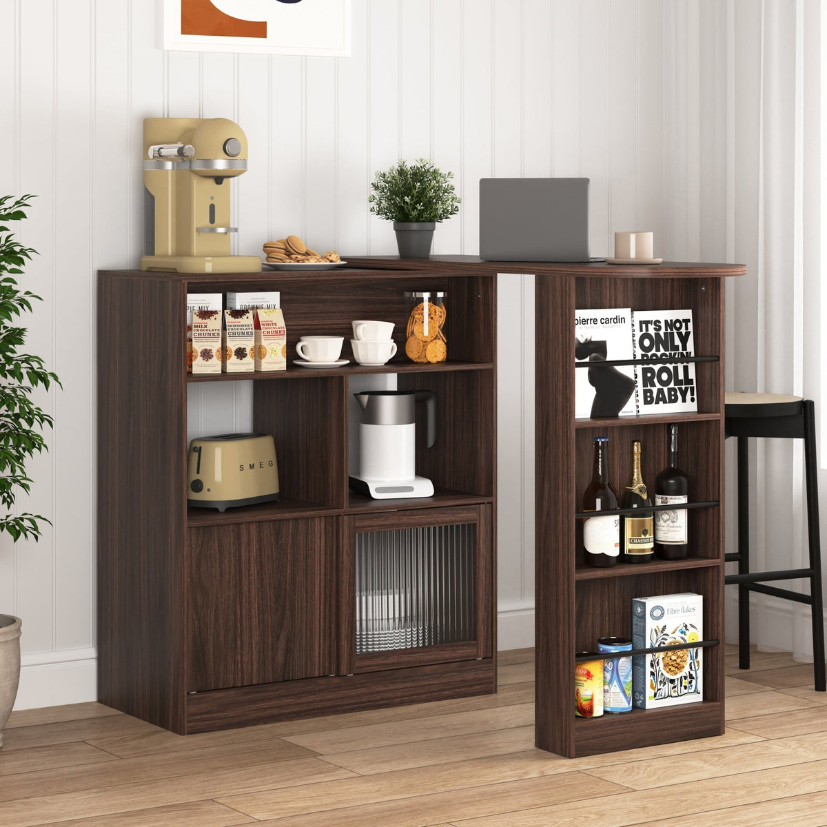 Walnut bar cabinet from Anthony & Home with rotating top, six storage compartments, and ribbed glass doors in the Atelier Collection.