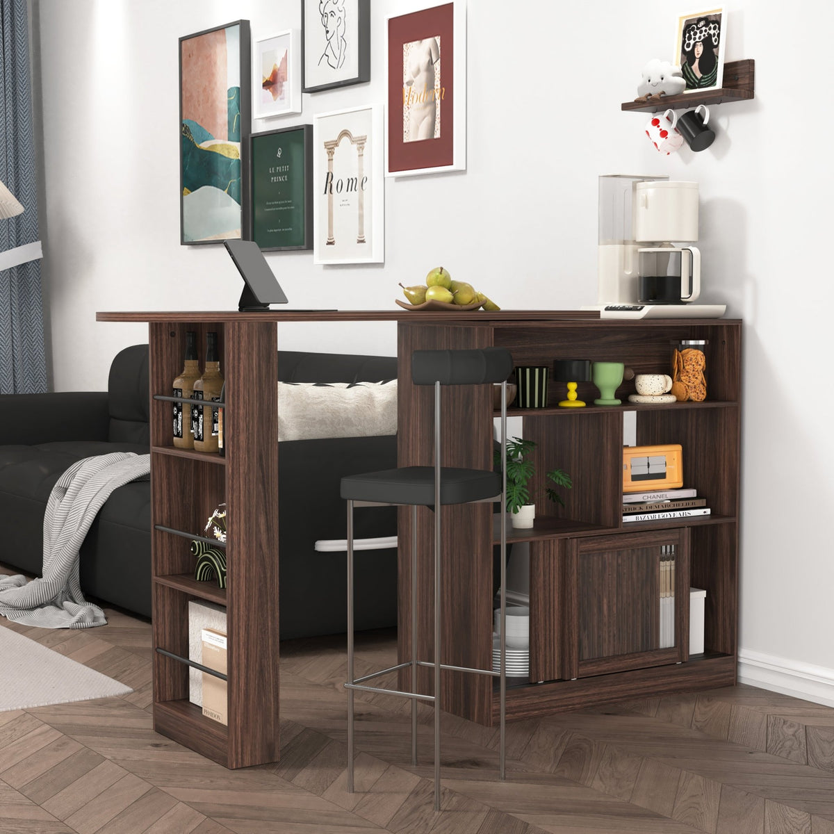 Walnut bar cabinet with rotating top, six storage compartments, and ribbed glass doors from Anthony & Home Atelier Collection.