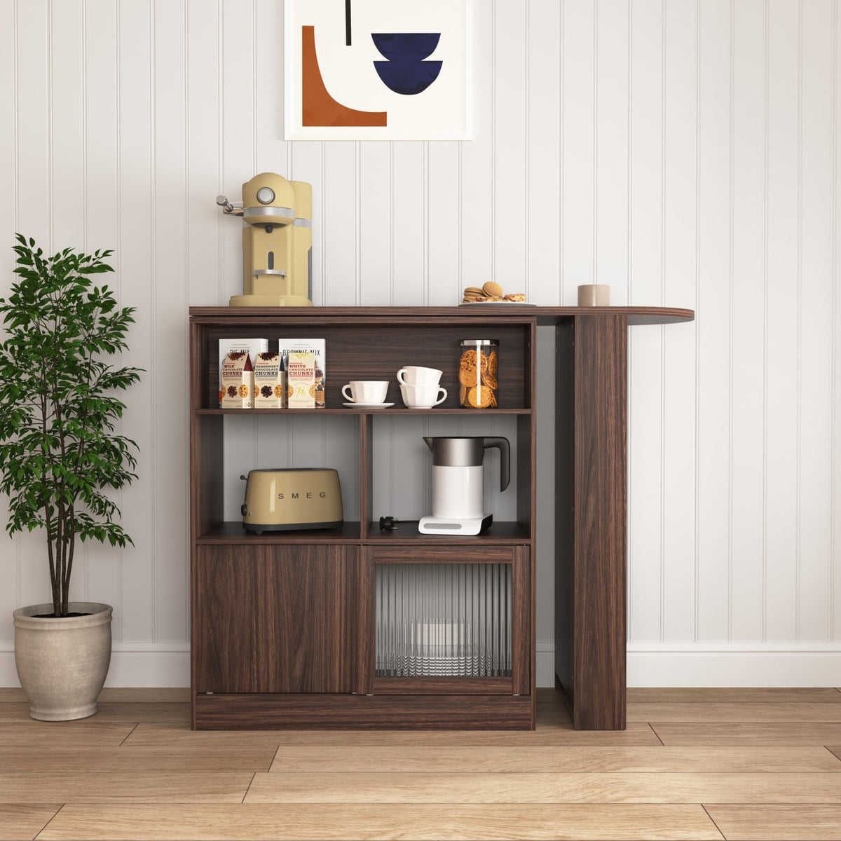 Walnut bar cabinet by Anthony & Home with ribbed glass doors, six storage compartments, and a rotating top from the Atelier Collection.