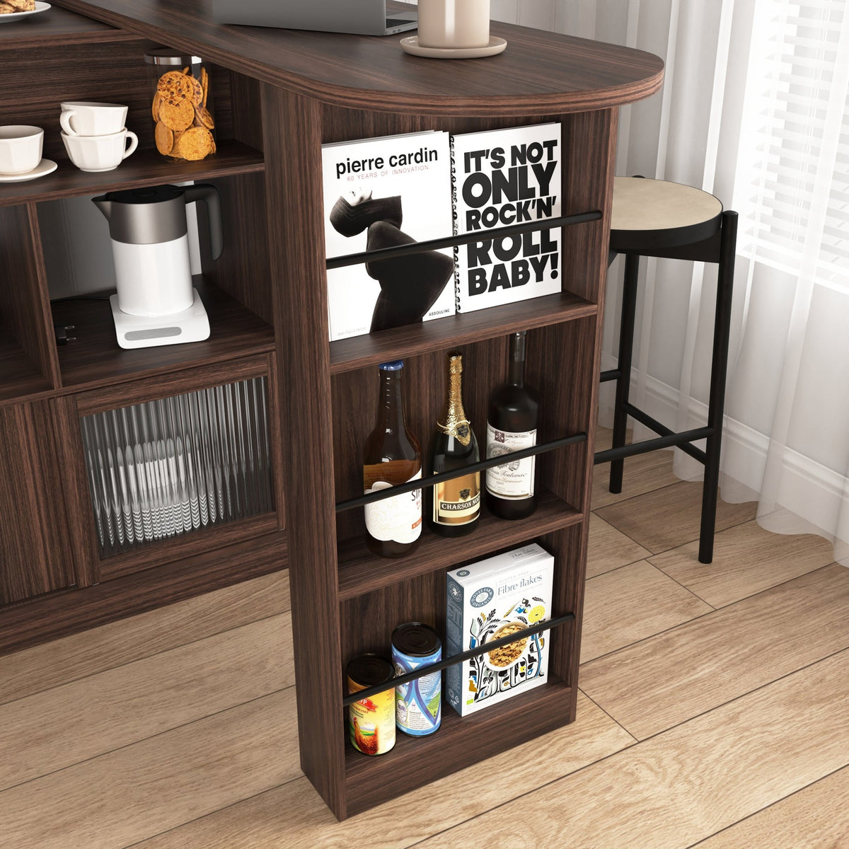Walnut bar cabinet with rotating top, six storage compartments, ribbed glass doors, part of Anthony & Home Atelier Collection.