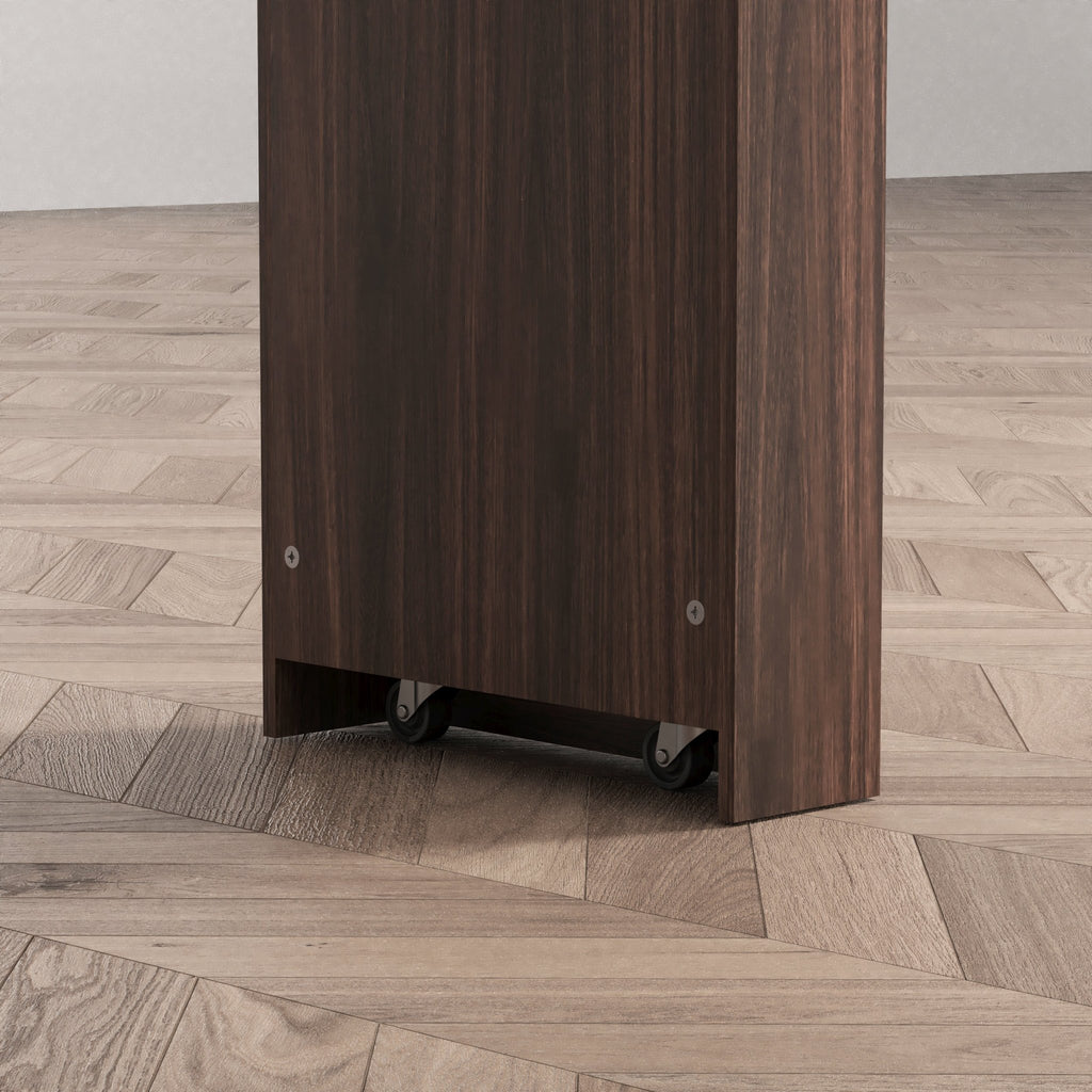 Walnut bar cabinet from Anthony & Home with ribbed glass doors, rotating top, and six storage compartments in the Atelier Collection.